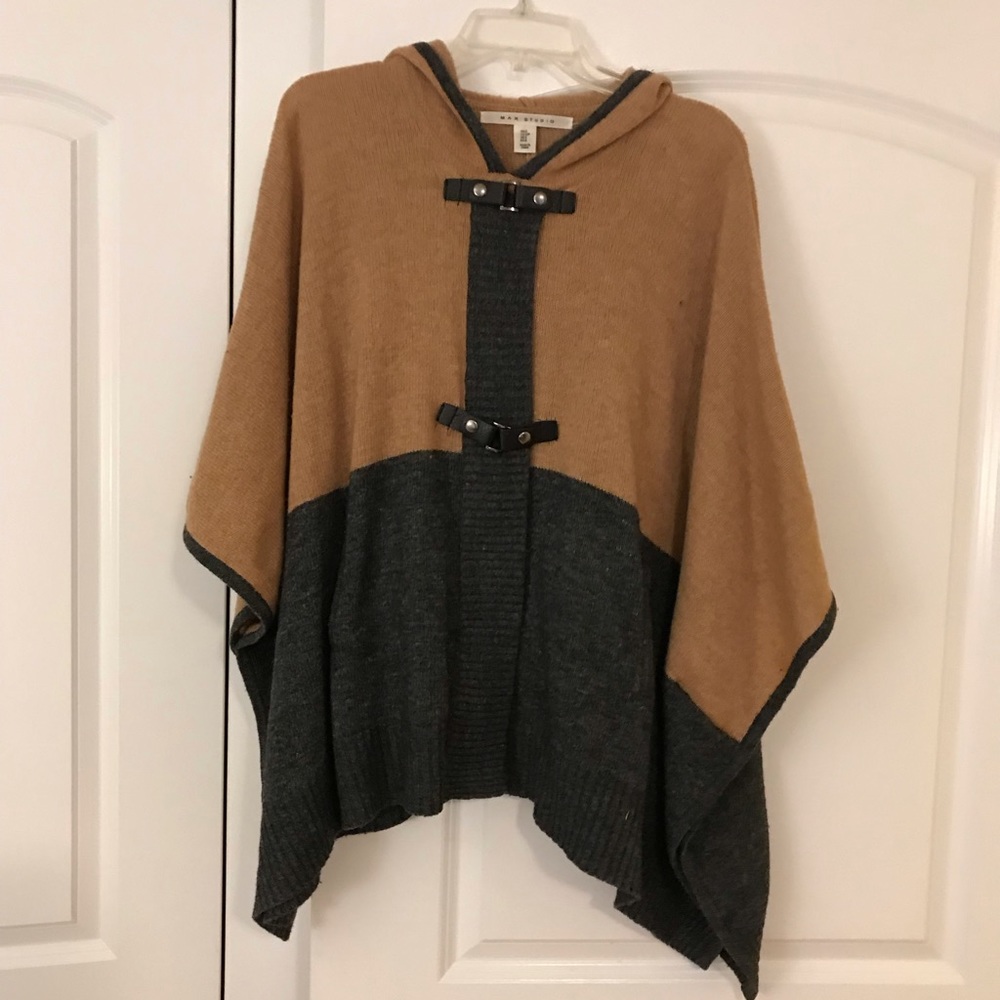 BOHO BIEGE& DARK GREY SWEATER PONCHO SM